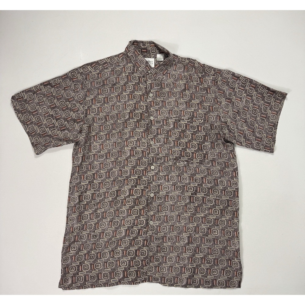 Robert Stock Men's Large 100% Silk Button Shirt Brown Geometric Vacation Beach